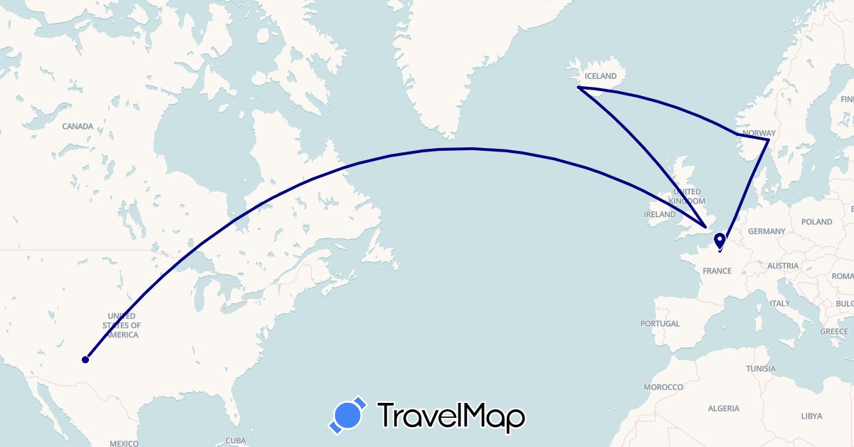 TravelMap itinerary: driving in France, United Kingdom, Iceland, Netherlands, Norway, United States (Europe, North America)
